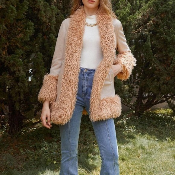 boho faux fur faux leather edge detailing coat jacket - Picture 2 of 12